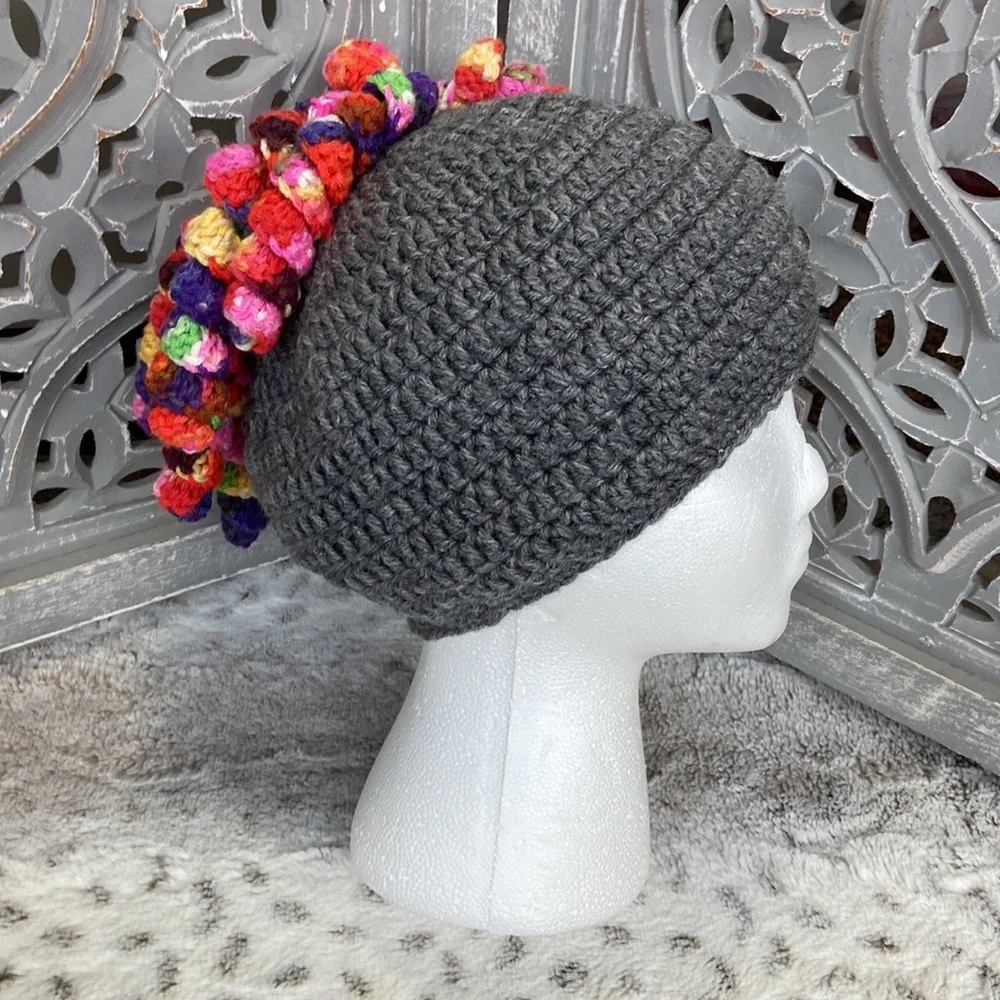 Handmade knit beanie boys girls OS rainbow ponytail curls unique Kidcore winter